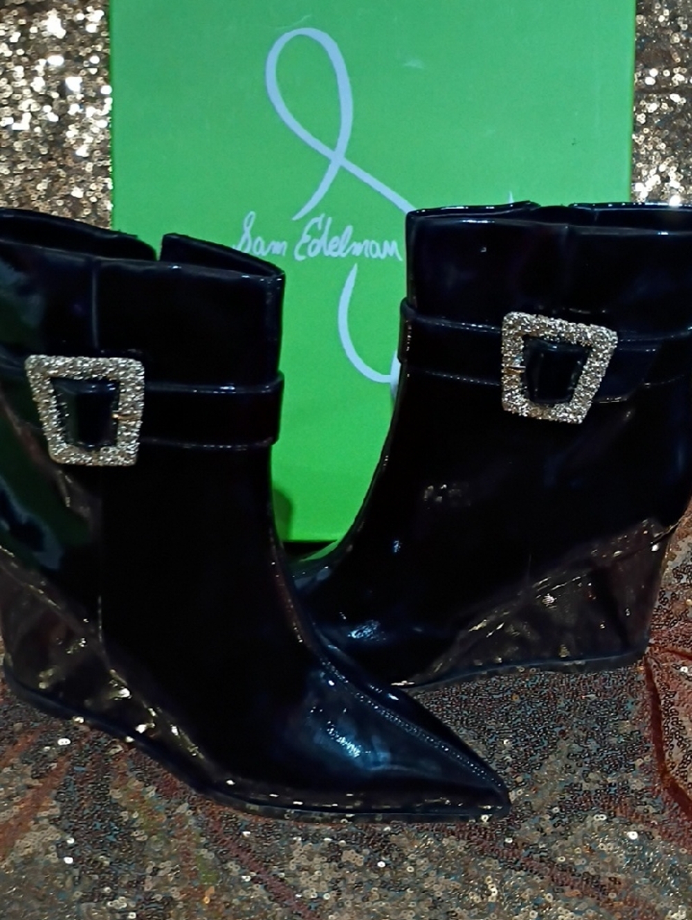 Sam Edelman Black Patent Wedge Ankle Booties with Crystal Buckles